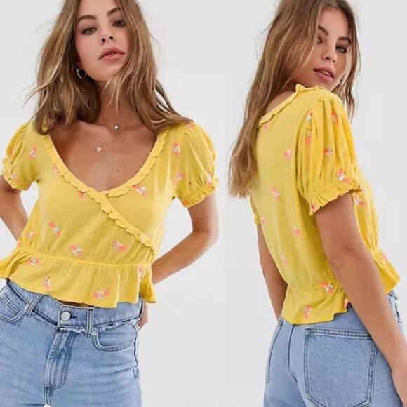 Nwt Free People Full Bloom Ruffle Top Yellow Linen Size Medium New With Tags M - Picture 3 of 9